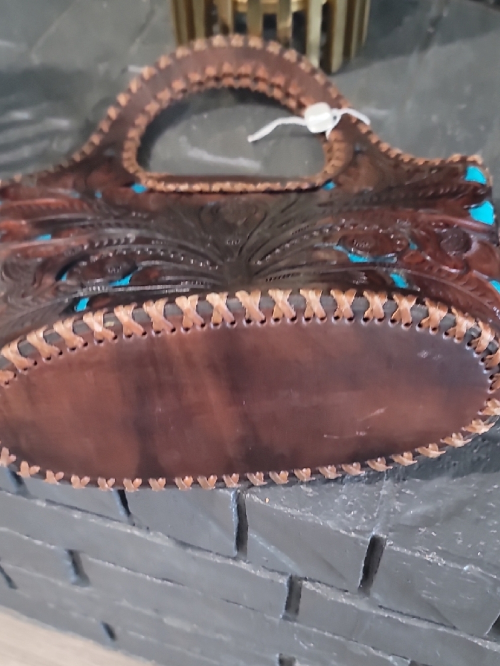 Vintage Handcrafted Tooled Leather Tote Bag in Brown and Turquoise - Picture 5 of 6